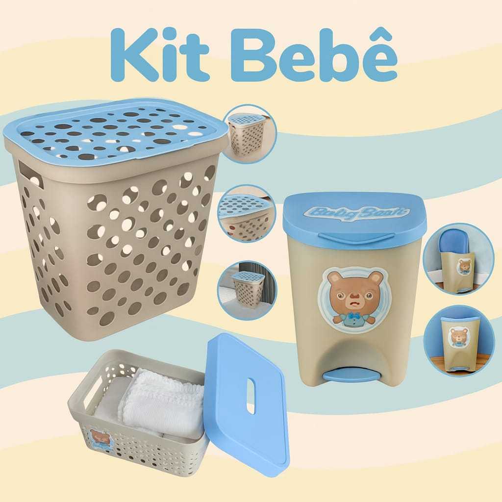 kit 3 Em 1 Cesto De Roupa  Linha Infantil Bebê + Lixeira Organizadora 7,5 Com Pedal + Caixa Organizadora Com Tampa Usual