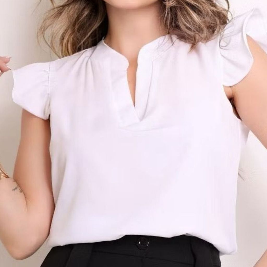 Blusa feminina crepe/ crepinho Gola V Manga Curta com Babados em Oferta na Shopee