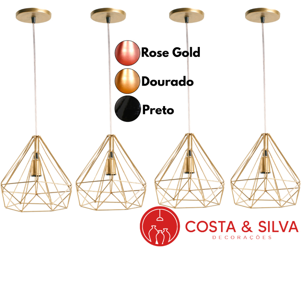 4 Pendente Diamante Aramado 3d Grande Lustre de Teto Luminária Cabo Cristal Lustre