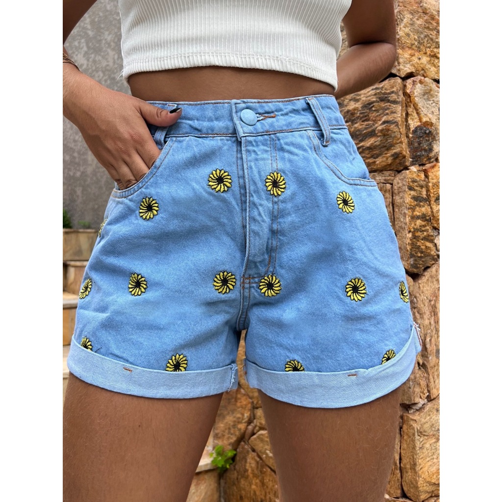 Short Jeans  Com Bordado Flor Cintura Alta Botõe encapado Femininas em Oferta na Shopee