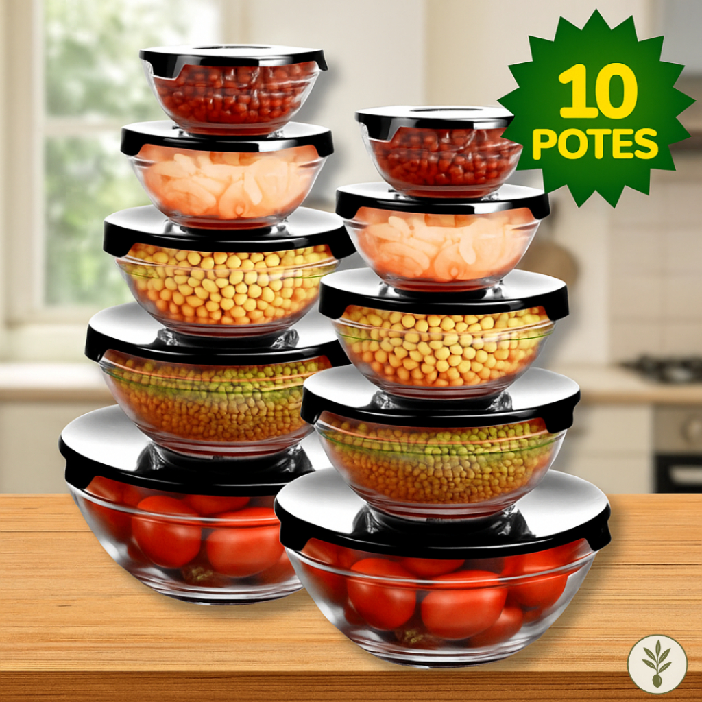 Kit Conjunto De Potes 10 Peças Vidro Resistente Organizadores De Cozinha Multiuso