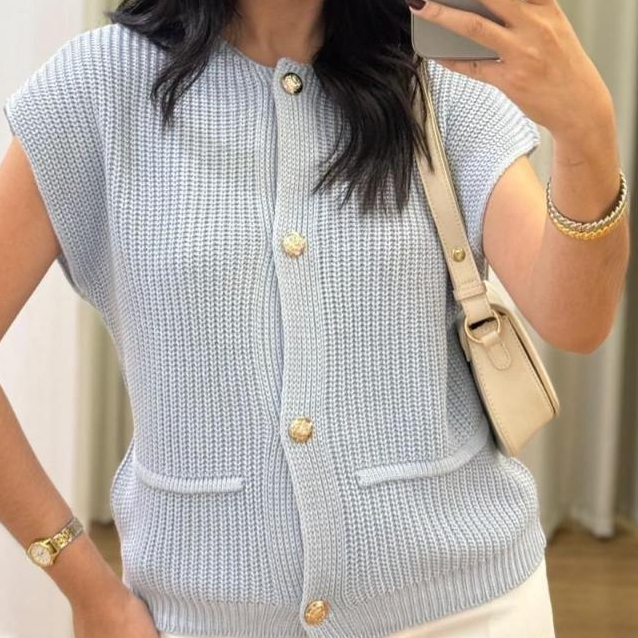 Blusa Feminina Colete Trico Manga Curta Gola Redonda Ponto Fang Verão Casual Com Botões Moda Moura Tricot