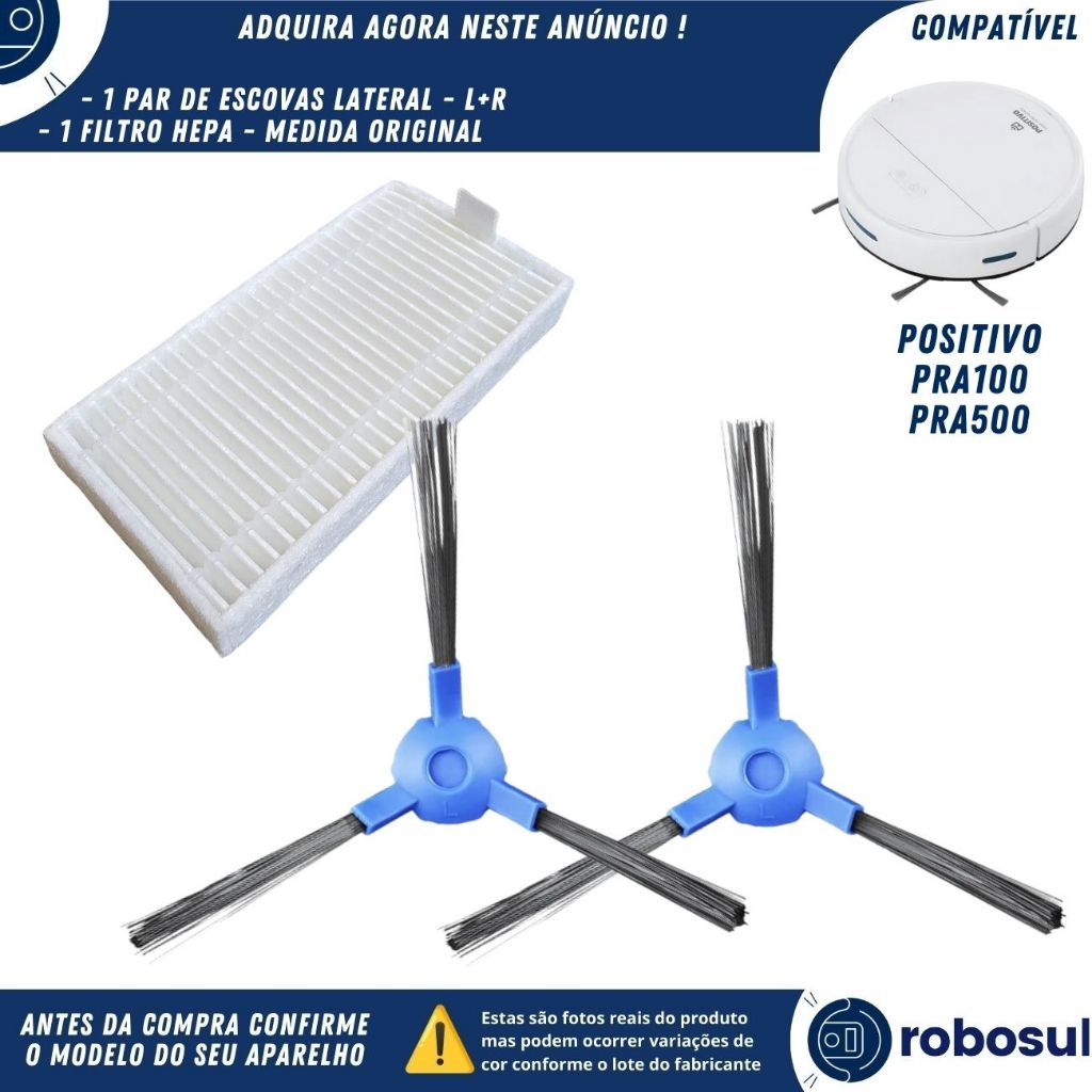 Par Escovas e Filtro Hepa Para Smart Robô Aspirador Wi-Fi+ Positivo Casa Inteligente PRA100 e PRA500