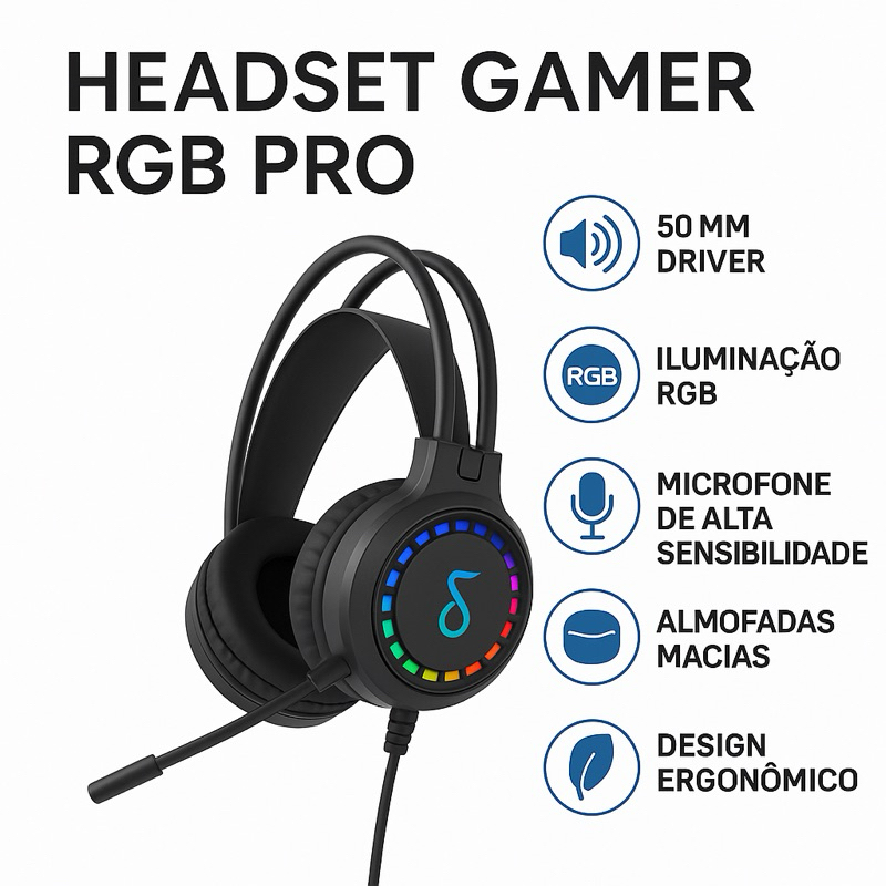 Headset Gamer RGB com Microfone HD e Áudio 360º – Conforto Pro Max p/ PC, PS4, Notebook