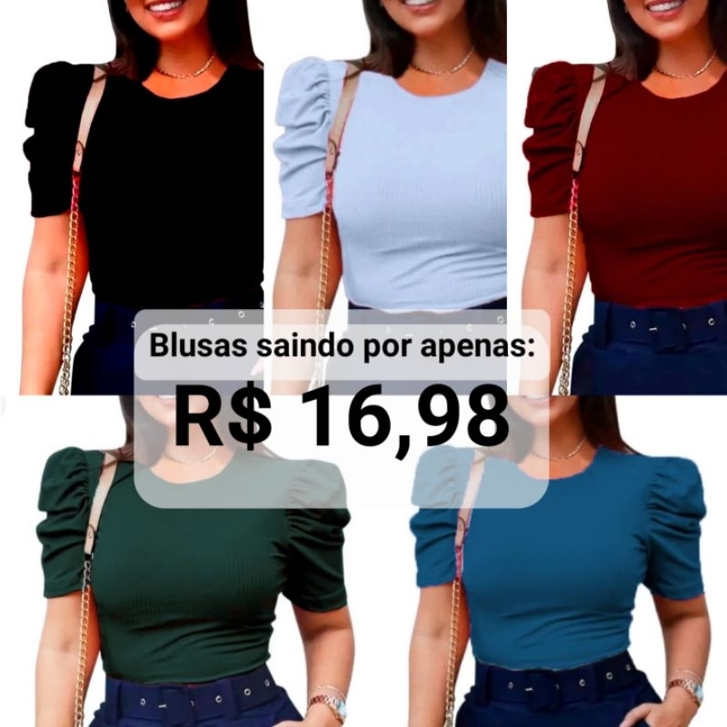 Blusas evangélica kit 5 blusinhas manga bufante princesa em Oferta na Shopee
