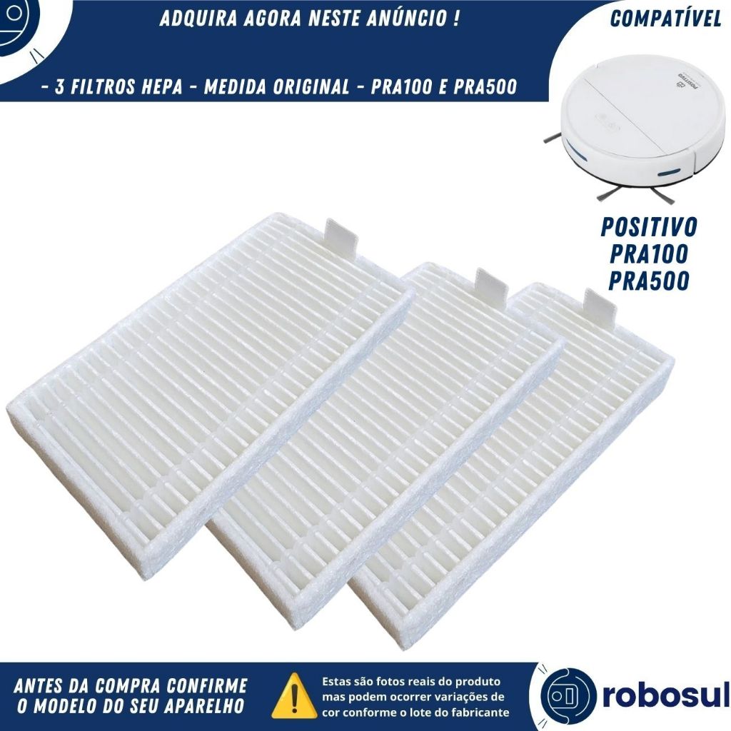 Kit 3 Filtros Hepa ParaSmart Robô Aspirador Wi-FI+ Positivo Casa Inteligente PRA100 e PRA500