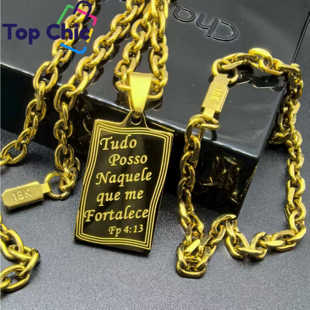 Conjunto Masculino "Tudo Posso" – Corrente e Pulseira em Aço Dourado Gominho