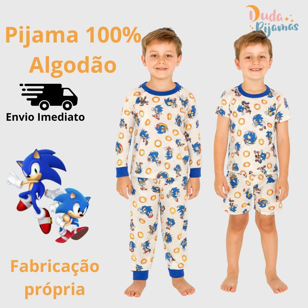 Pijama Infantil Menino Sonic Verão Inverno Personagem Manga Longa Fresquinho Juvenil