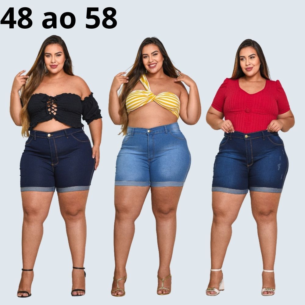 Bermuda Meia Coxa jeans feminina plus size elastano premium cintura alta lycra strech curve short