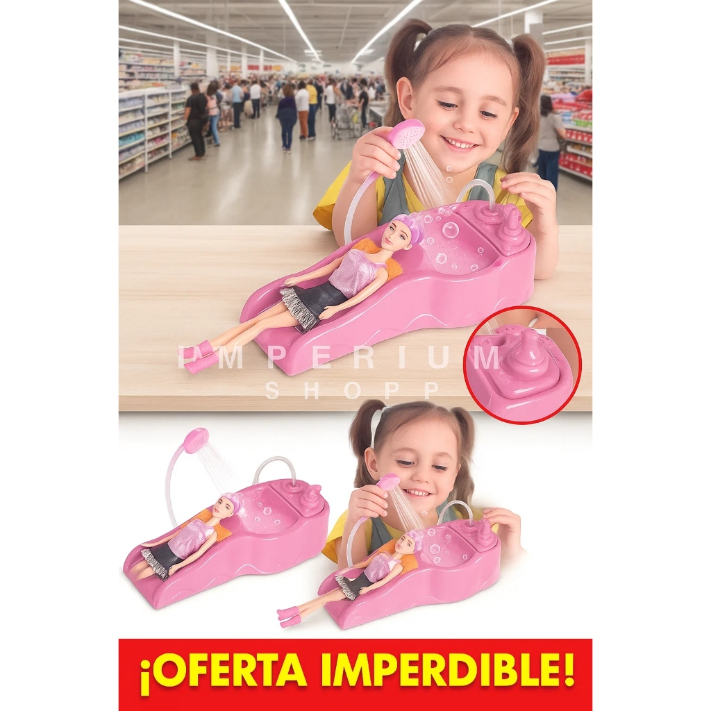 Kit Lavatório Infantil com Boneca + Acessórios de Cabeleireiro Rosa Função de Água de Verdade