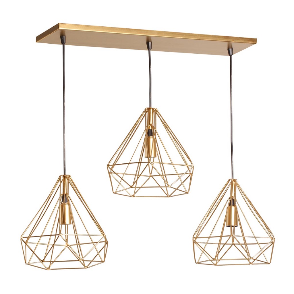 3 Pendente Diamante Aramado 3d Grande Triplo Luminária Canopla Lustre De Teto