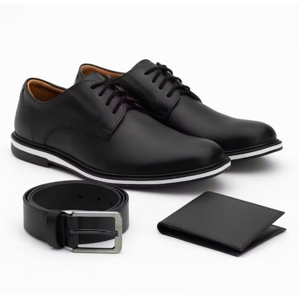 Kit Sapato Oxford Derby Masculino Social Elegante de Couro Nobre Com Solado Leve Confortável Costurado + Cinto Carteira