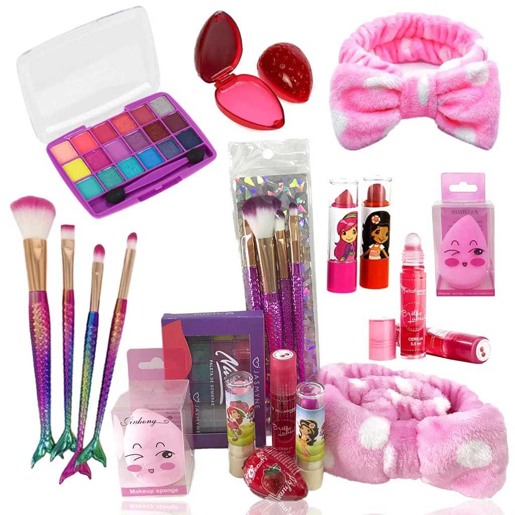 Kit de Maquiagem Infantil Completo Pincel Sereia 11 Itens Total Princesa