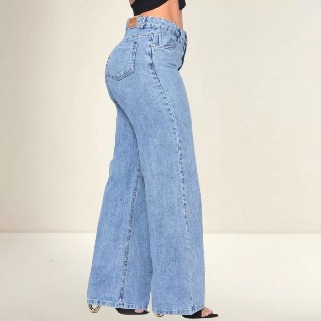 Calça Jeans Feminina Wide Leg Cintura Alta Pantalona Tecido Encorpado 100% Algodão Marmorizada — imagem 1