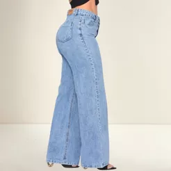 Calça Jeans Feminina Wide Leg Cintura Alta Pantalona Tecido Encorpado 100% Algodão Marmorizada