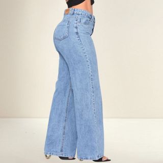 Calça Jeans Feminina Wide Leg Cintura Alta Pantalona Tecido Encorpado 100% Algodão Marmor…