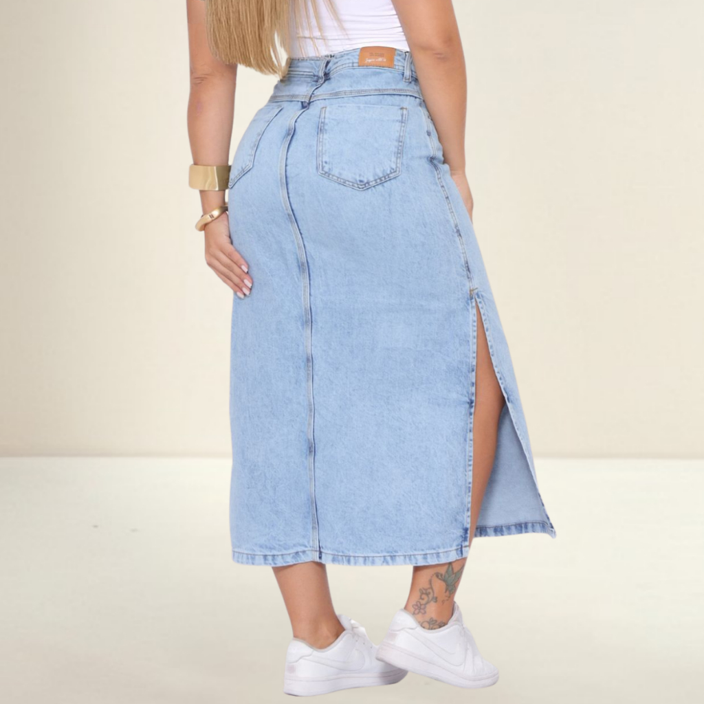 Saia Jeans Feminina Mídi longa Cintura Alta Marmorizada com Fenda Tecido Grosso Azul Claro Premium em Oferta na Shopee