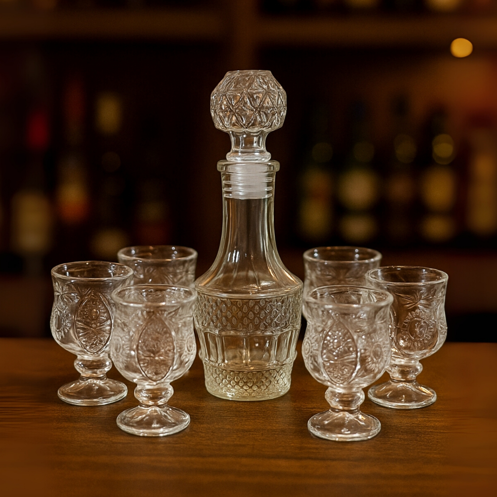 Kit Licoreira Cristal 100ML + 6 mini taça Shot 45ml Presente Premium para Whisky, Tequila e Licores