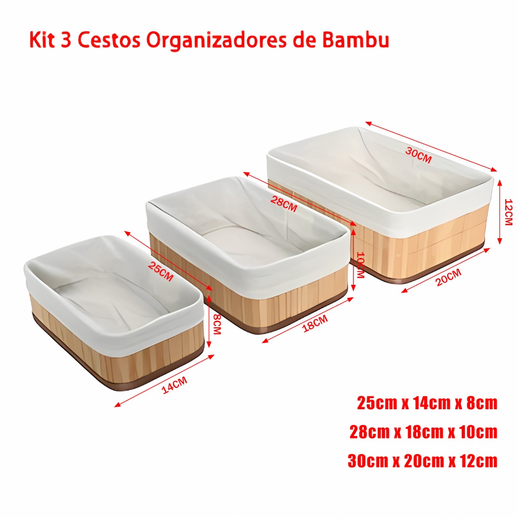 Kit 3 Cestos Organizadores de Bambu Multiuso com Forro com 3 Tamanhos 30cm x 20cm x12cm