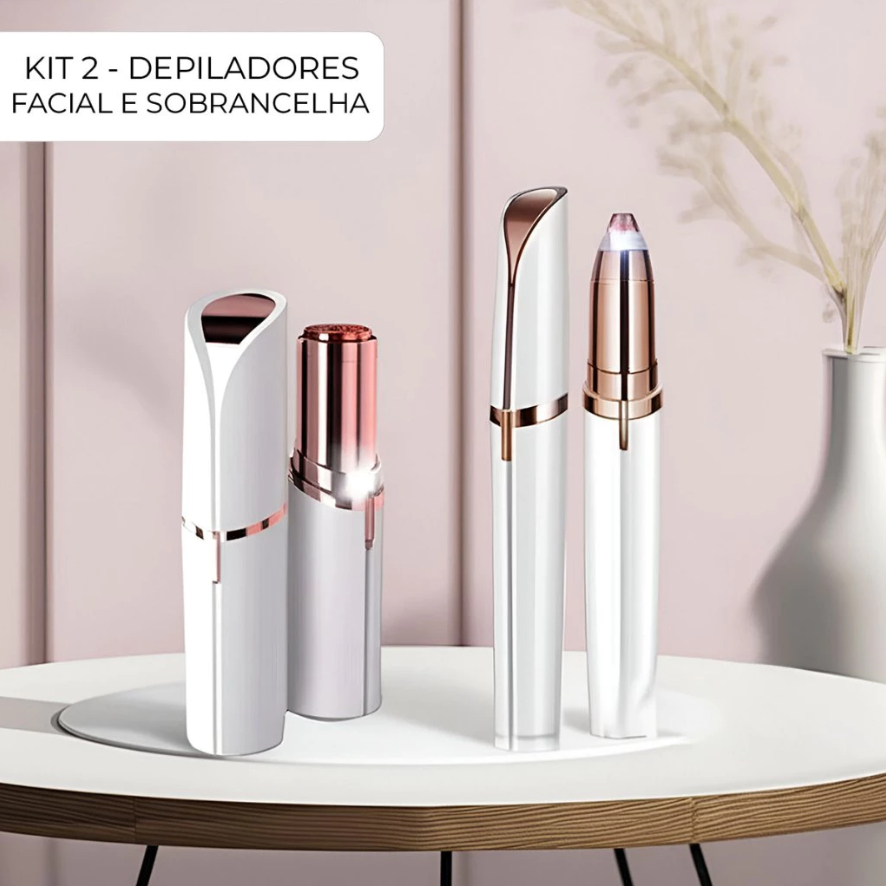 Kit Caneta Depiladora Sobrancelha Indolor + Depilador Facial Batom Recarregável