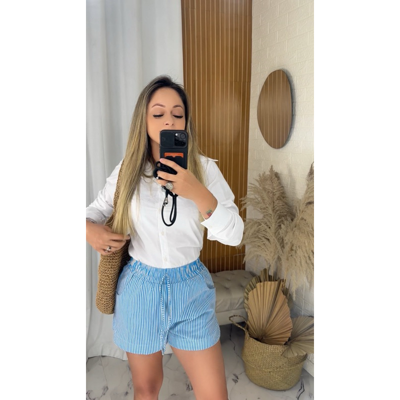 Shorts Feminino Listrado em Tecido Linho – Cintura Alta com Amarração