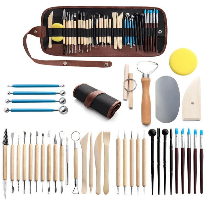 Kit 40 Peças Ferramentas De Escultura Artes Artesanal De Argila Conjunto De Cerâmica E Cabo De Madeira