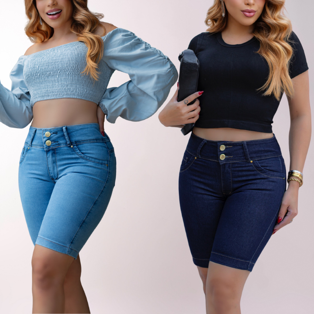 Kit Bermudas Jeans Ciclistas Pedal Jump Cintura Alta Cós Alto Levanta Bumbum Comprida até o Joelho