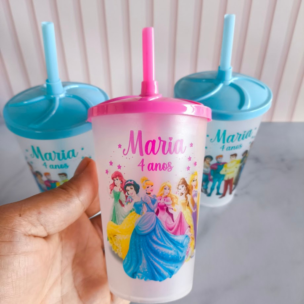 Kit Copo Personalizado Ecológico  Princesas  Lembrancinhas de Aniversário Infantil