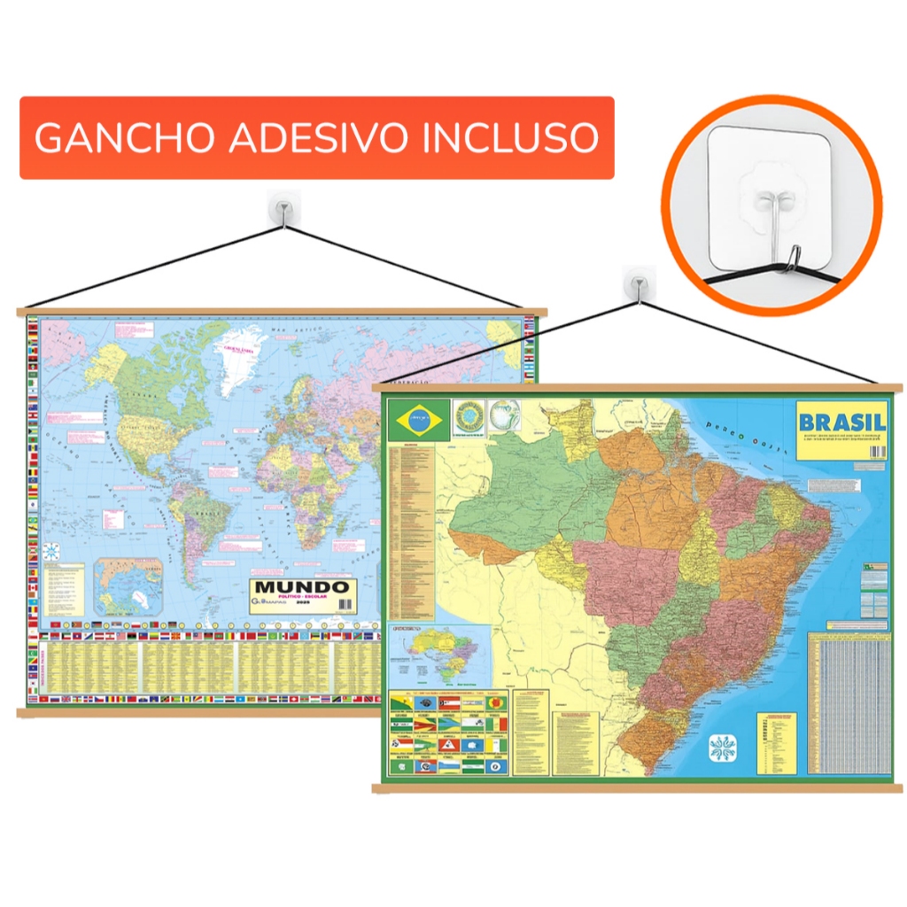 Mapa Brasil + Mundi  Banner Ed. 2026  + gancho autocolante Tamanho 120x90 cm em Oferta na Shopee
