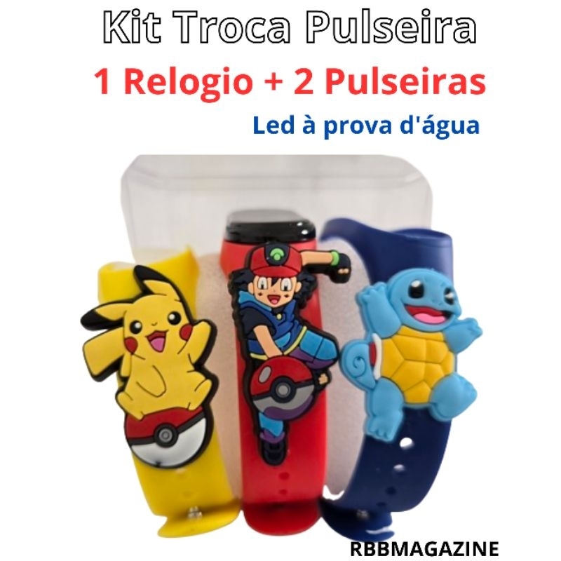 Relógio LED Infantil Pokémon + 2 Pulseiras Extras + Caixa Acrílica