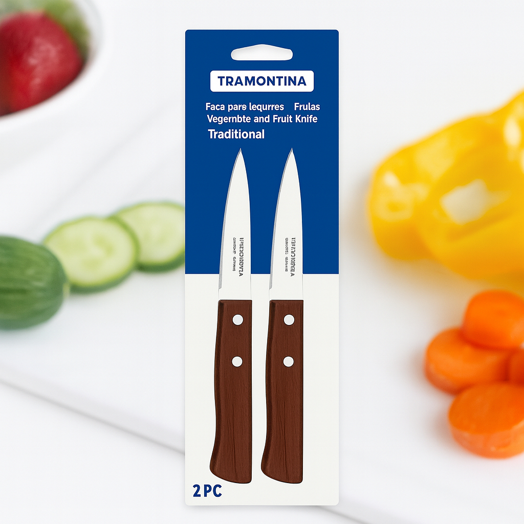 Kit 2 Facas Tramontina 17cm Cabo de Madeira P/ Frutas, Legumes, Verduras Jogo Cozinha Corte Afiado