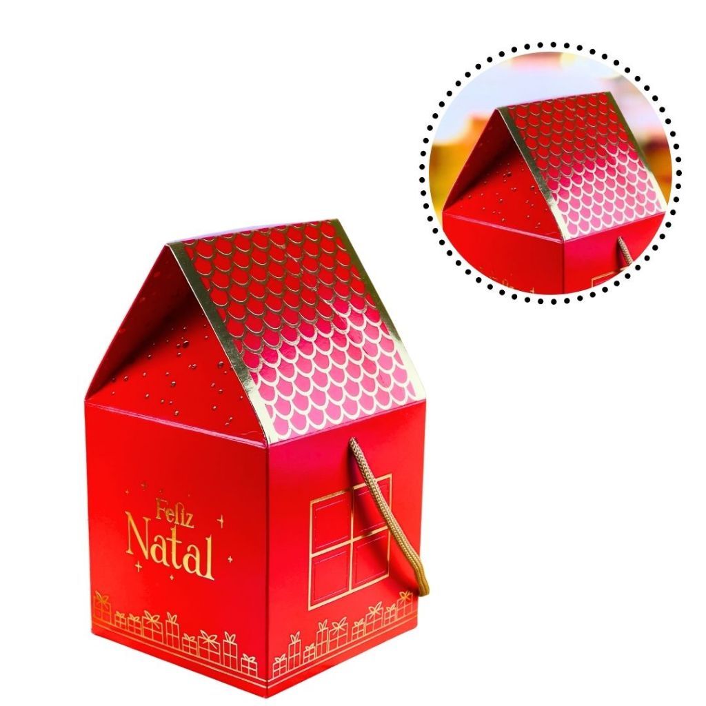 Detalhes do 10 CAIXA CASINHA MINI PANETONE 10X10X17 5675 HOT STAMPING (NATAL 2025 IDEIA)