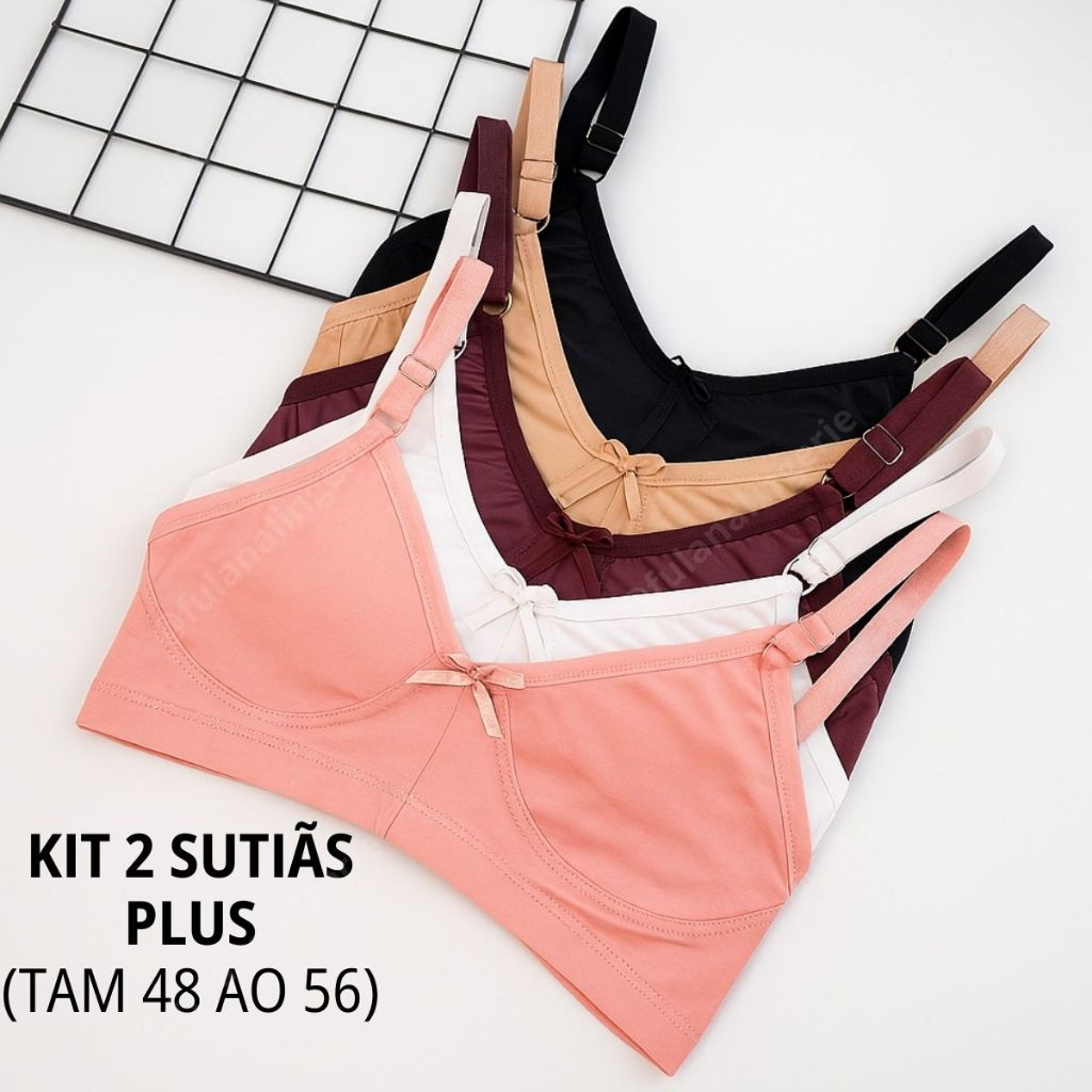 Kit 2 Sutiãs Plus Size Alta Sustentação Sem Bojo Reforçado - Sutia Plus