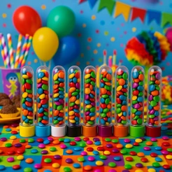 KIT 100 TUBETES LEMBRANCINHA 13CM ACRÍLICO - PARA DECORAÇÃO, FESTA DE CRIANÇA (CHOCO)