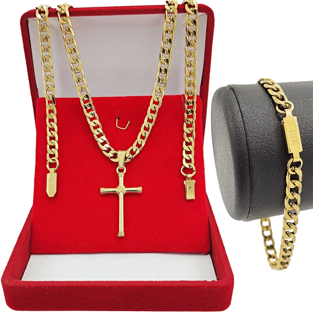 Corrente Masculina Cordão Grumet  + Pingente Crucifixo + Pulseira Grossa Banhado a Ouro 18k 60cm  Estilo Promoção Shopee