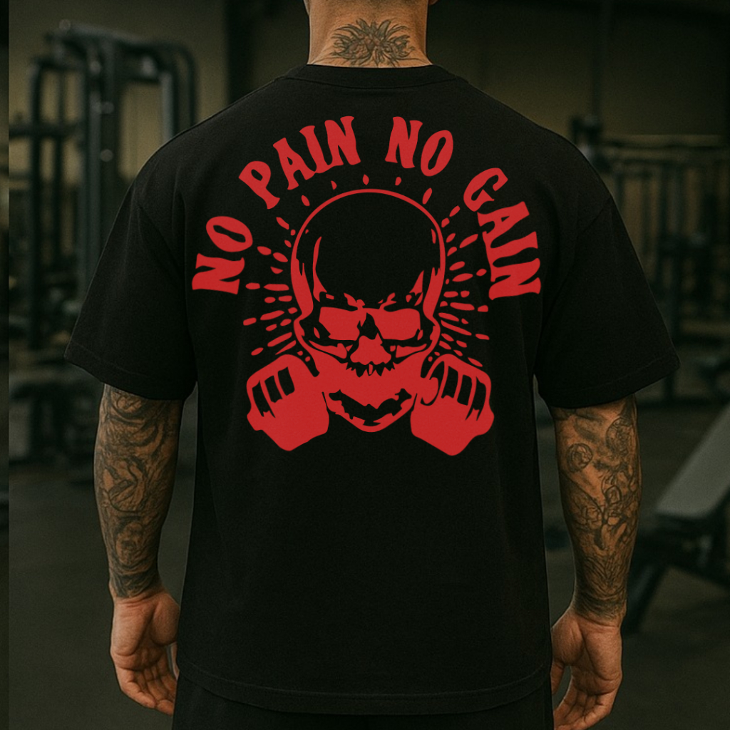 Camiseta Oversize No Pain No Gain de Academia Larga Streetwear Estampada Oversized Crossfit