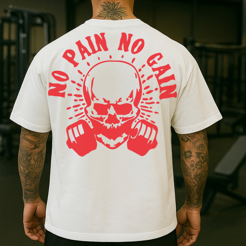 Camiseta Masculina Oversize Estampada No Pain No Gain Academia Treino Musculação Estilo Urbano