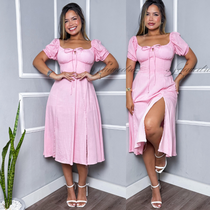 Vestido Midi Manga Curta Feminino  Forrado Elastex cruzada nas Costas, Tecido Viscolinho