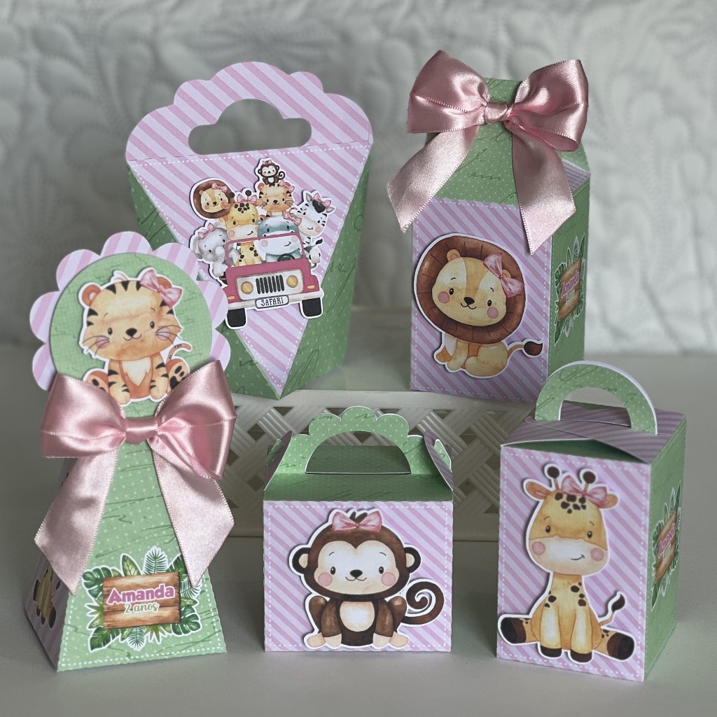 Kit Personalizados Safari Menina Rosa / Safari Candy Color Menina PEGUE  E MONTE Caixinha Lembrancinha Festa Aniversário