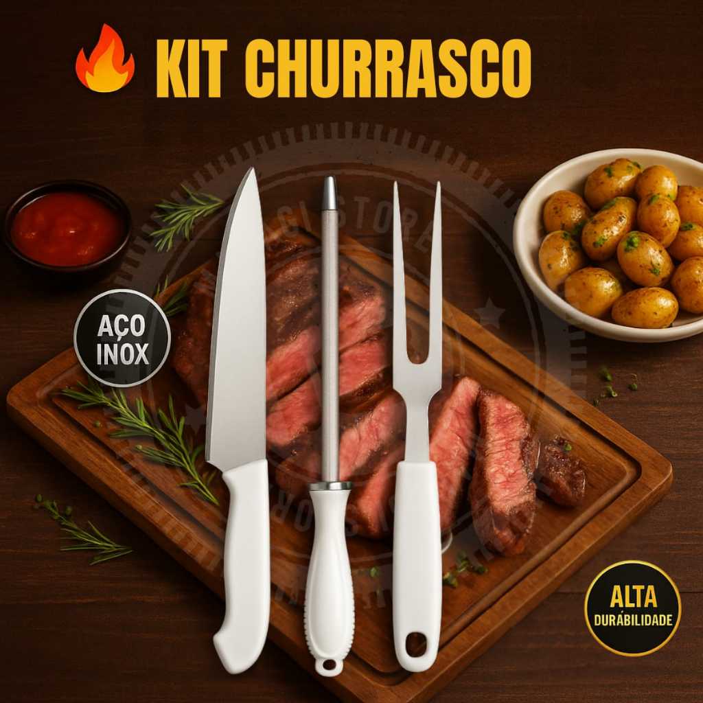 Kit Churrasco 3 Peças em Aço Inox – Faca, Garfo Trinchante e Chaira de Afiar Alta Durabilidade - ENVIO IMEDIATO