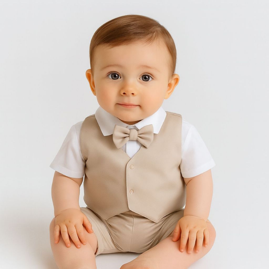 Conjunto Roupa de Bebê para Batizado Samuel Menino Bege com Branco Colete Gravata