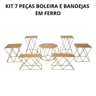 Kit 7 Peças Bandejas E Boleira Com Chapa De Ferro Dourado Para Decoração em Oferta na Shopee