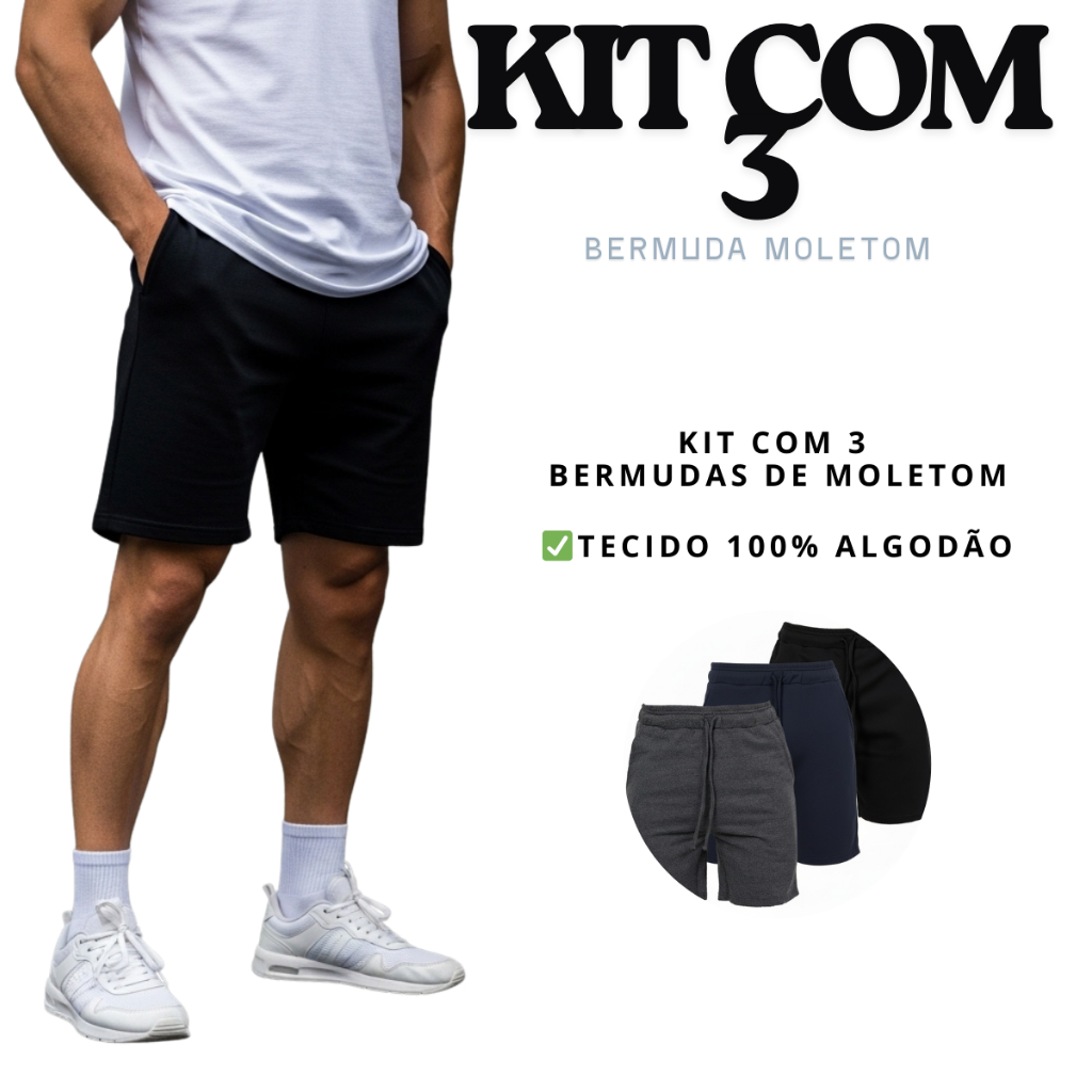 Kit 3 Bermuda Moletom Masculina Lisa Academia Treino Shorts Masculino Com Cordão