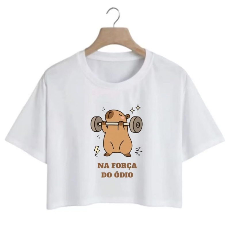 Cropped Camiseta Feminina Algodão Estampado Capivara Academia Dia a Dia Confortável