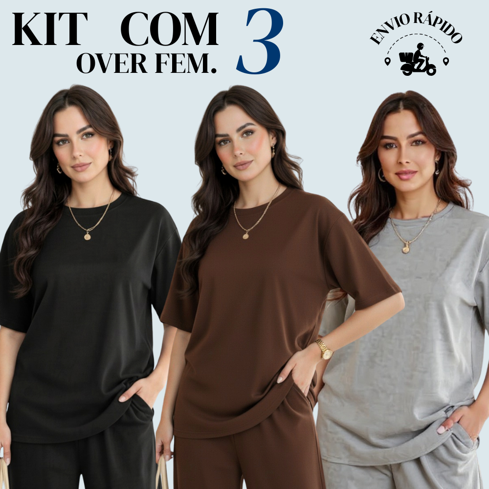 Kit com 3 Camiseta Over feminina Blusa Feminina Estilosa Modelo mais Soltinho em Oferta na Shopee