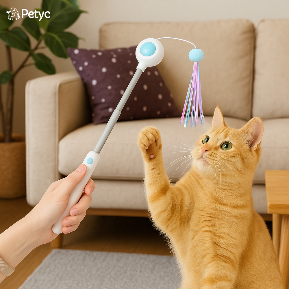 Varinha Brinquedo Interativo para Gatos com Laser, Penas e Sino, Franja e Cabo Extensível