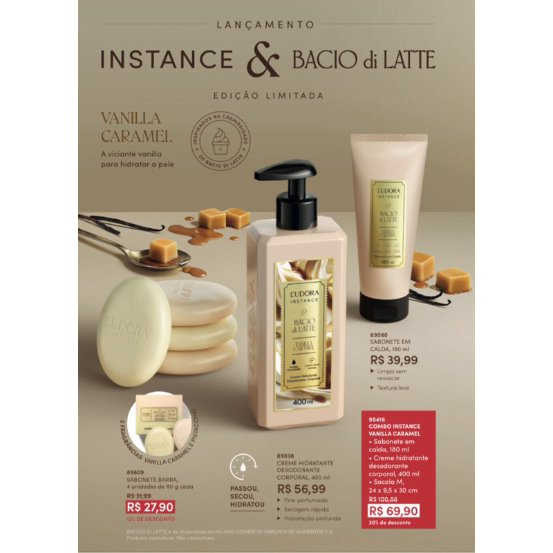 COMBO HIDRATANTE + SABONETE INSTANCE & BACIO di LATTE VANILLA CARAMEL EUDORA
