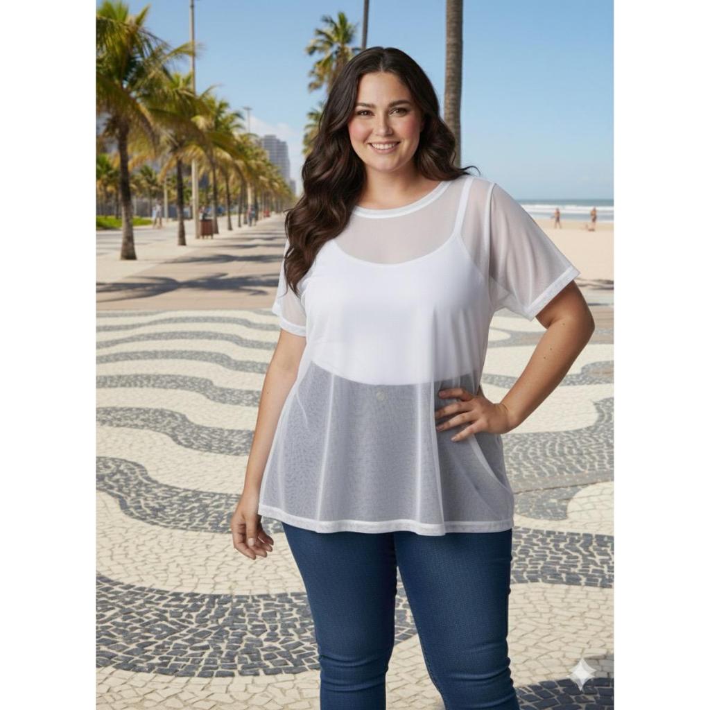 Blusa Feminina Plus Size de Tule Transparente com Manga Roupa de academia Moda fitness