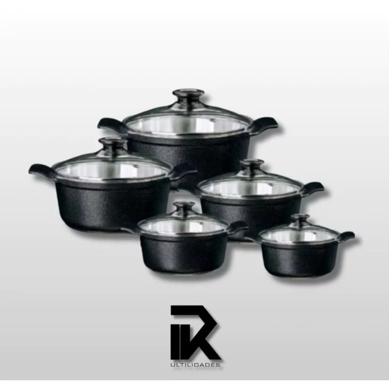 Imagem Jogo de Panelas Grossa 5 peças em alumínio batido Fundido Preto alça inteiriça T/Vidro LINHA/PREMIUM
