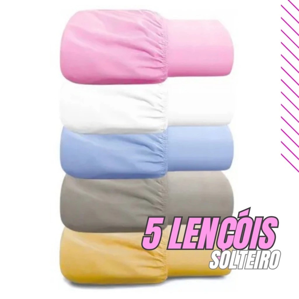 Kit 5 Lençól Solteiro Com Elástico 400 Fios Liso Varias Cores Lençóis Para Cama BOX Solteirao